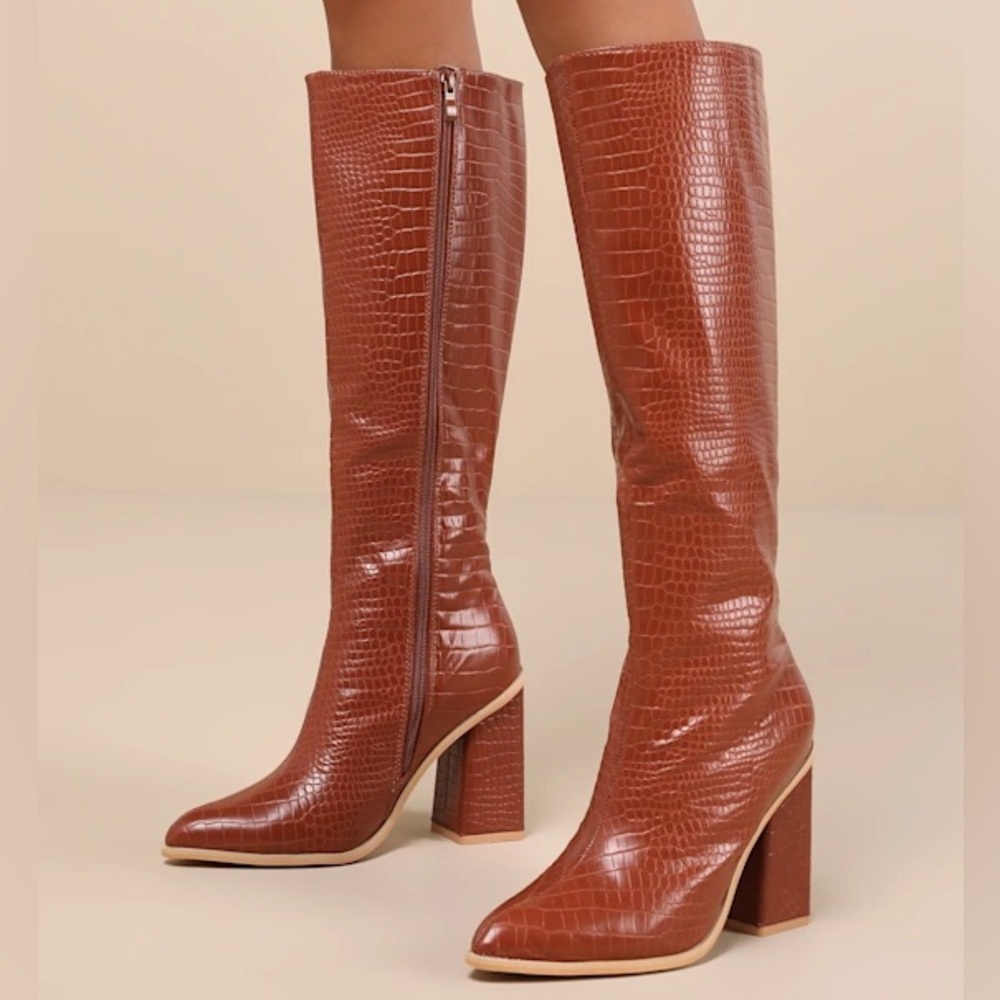 Rozalia Camel Crocodile-Embossed Knee-High Boots